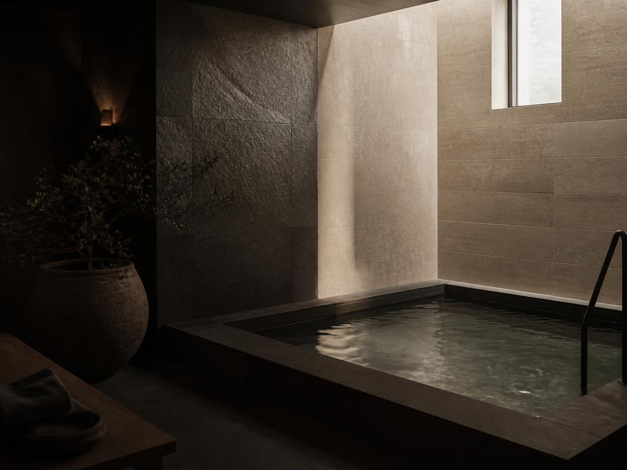 Cold plunge pool in low stone-lined light